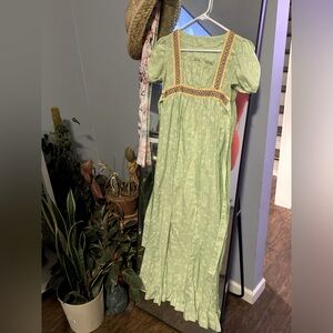 Vintage 70s Green Gingham Prairie Floral Maxi Dress